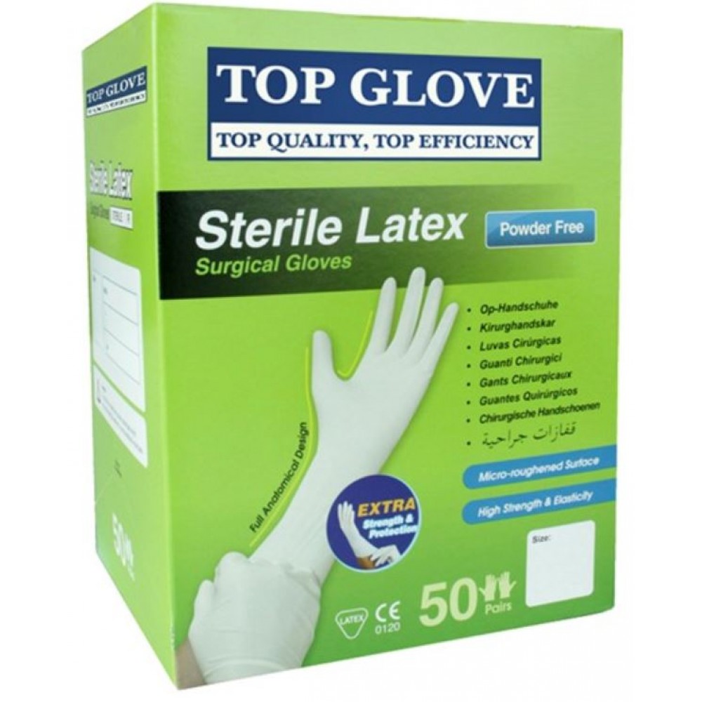 Top Glove Safety Sterile Latex Surgical Glove, Powder Free (Box of 50
