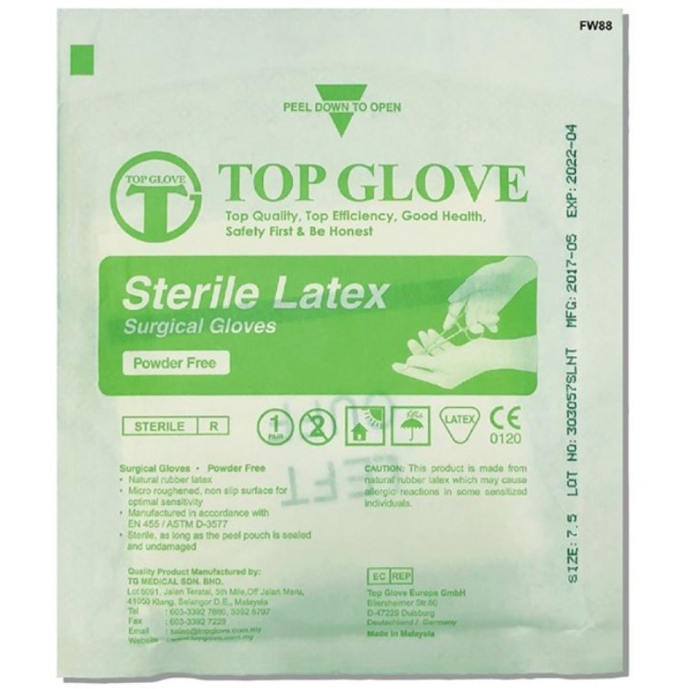 Top Glove Safety Sterile Latex Surgical Glove, Powder Free (Box of 50