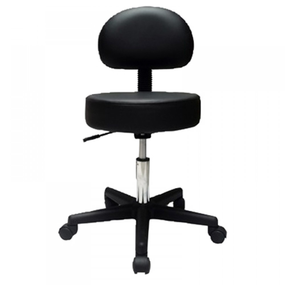 Pneumatic Mobile Stool, With Back, Black Upholstery